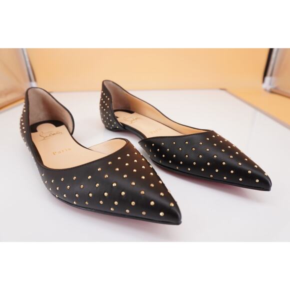 Christian Louboutin Black Leather Iriza Plume Studded d'orsay Flat SZ 38 Pointy - Picture 8 of 10